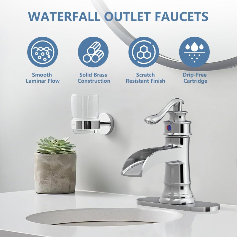 Homevacious Bathroom Faucet Chrome Waterfall Bathroom Sink Faucets with Single Handle Rustic Vanity Farmhouse RV Faucet Suitable for 1 or 3 Holes with Pop-up Drain Deck Plate Hose - Image 2